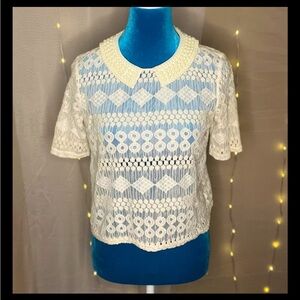 Ark & Co Pearl Collar Lace Top Cream Sheer Size Small
